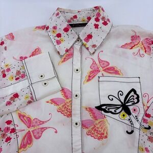 7 Diamonds Womens Retro Butterfly Floral Mixed Print Cotton Shirt White M